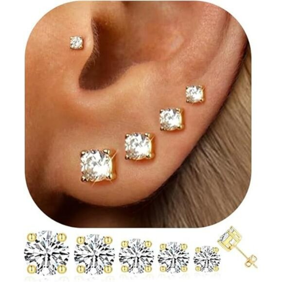 Gold Cubic Zirconia Stud Earrings Set Hypoallergenic Multiple Piercing Pack - Picture 7 of 7